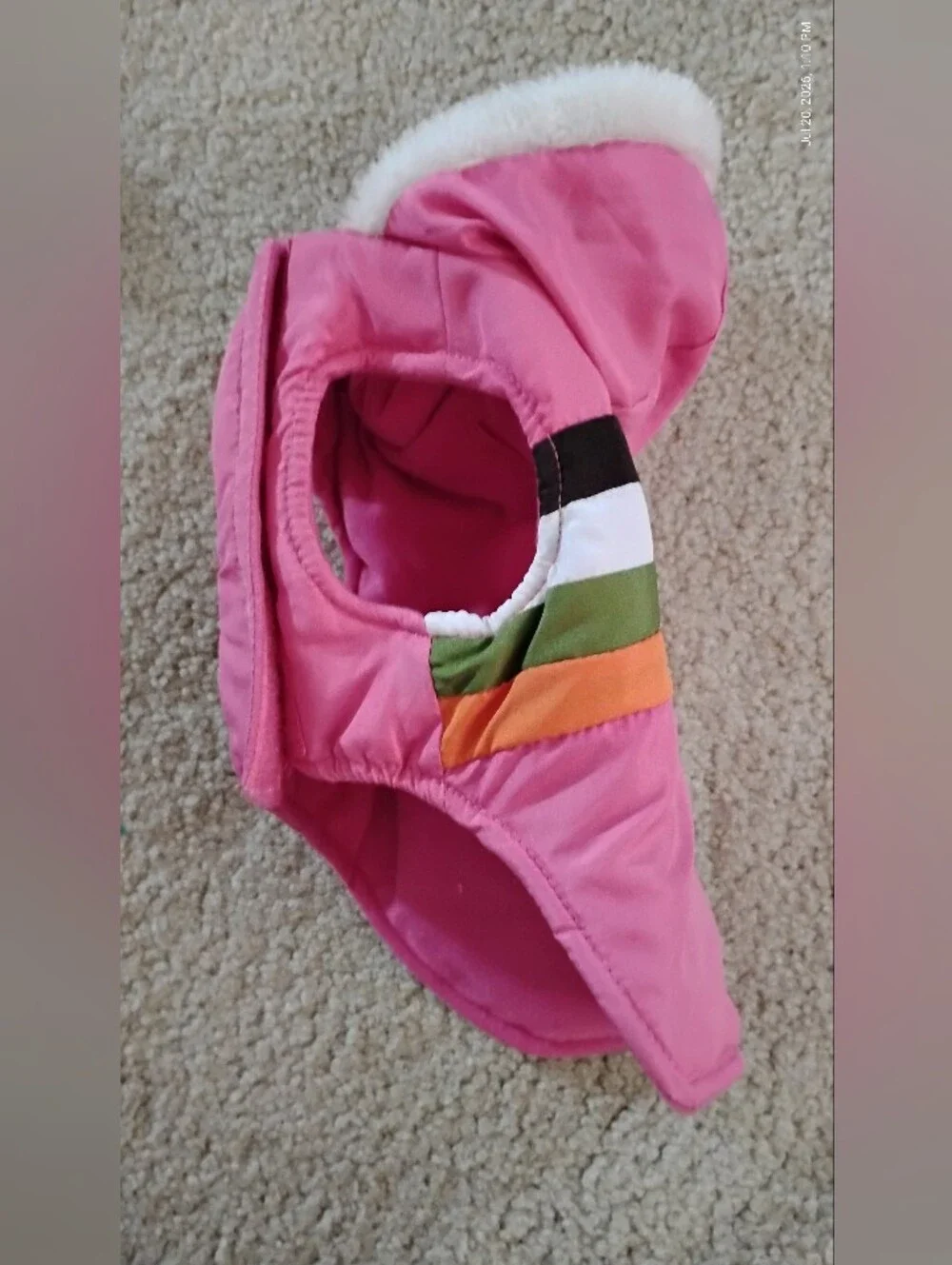 Brand New, Never Worn Pink Hooded Pet Jacket with Multicolor Stripes - Size XXS